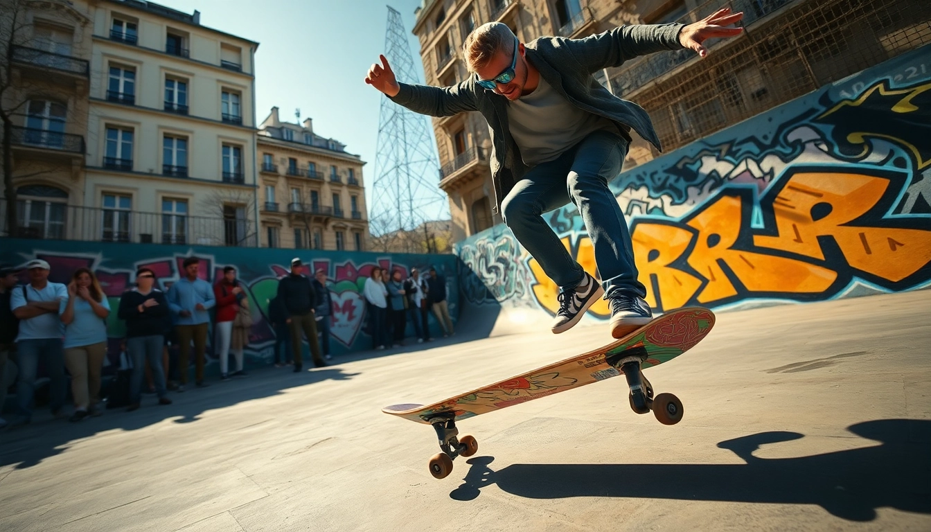 Skateboarder performing tricks during Cours skate paris class at an urban skatepark.