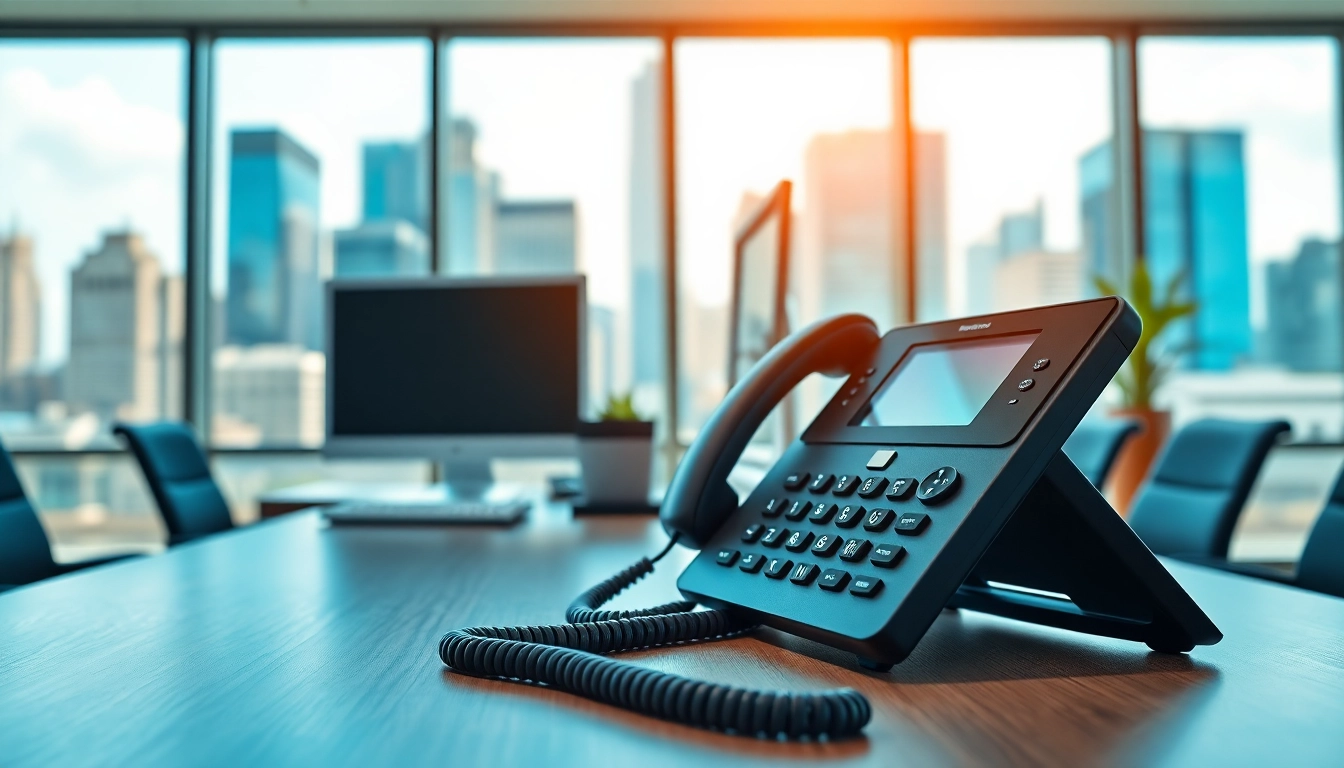 Streamlined business phone setup on a modern desk, illustrating professionalism and connectivity.