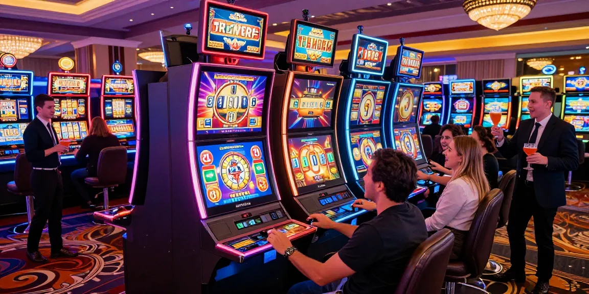 Excited players at slot machines in a vibrant casino environment showcasing dynamic gaming and colorful themes.