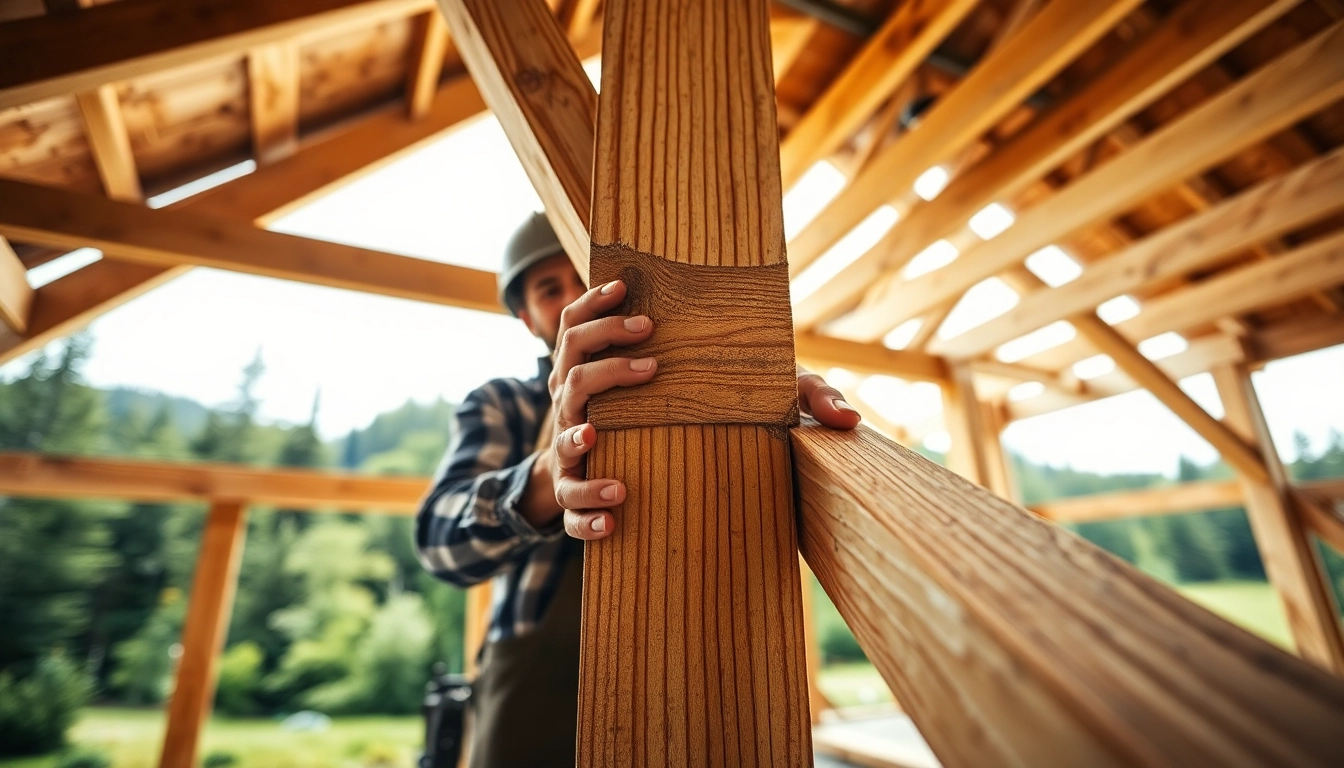 Craftsman demonstrating timber frame solutions in a natural setting, focusing on craftsmanship and detail.