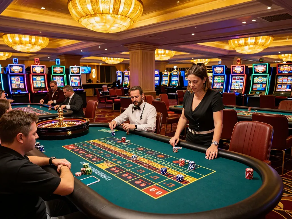 Engaged players at okwin's roulette table, vibrant casino ambiance enhancing winning atmosphere