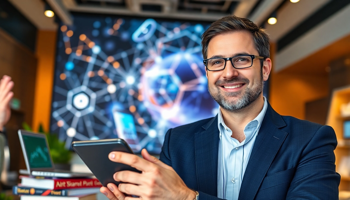 Dinis Guarda engaging with technology in a modern office, showcasing his influence in AI.