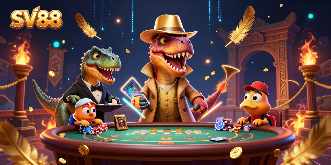 SV88 thrilling blackjack scene with a velociraptor card counter, stegosaurus pit boss, and a sneaky compy.