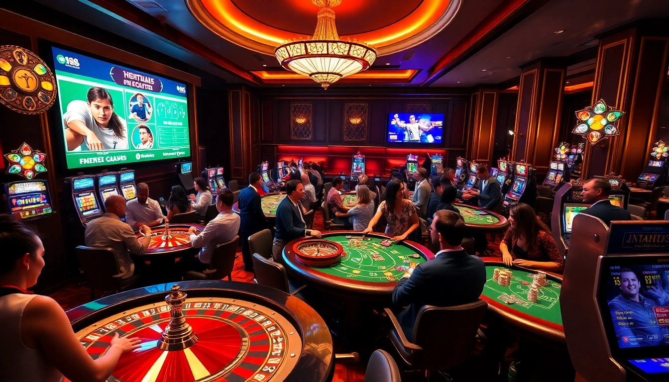 xem 7m bóng đá live scores displayed in a vibrant casino environment with gamblers enjoying table games.