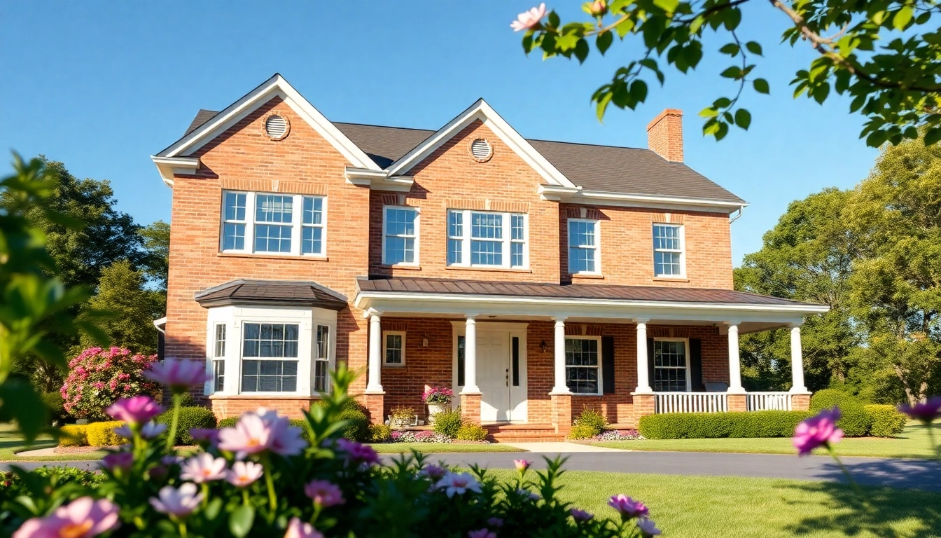 Colonial home new build construction showcasing elegant architecture amidst a vibrant garden.