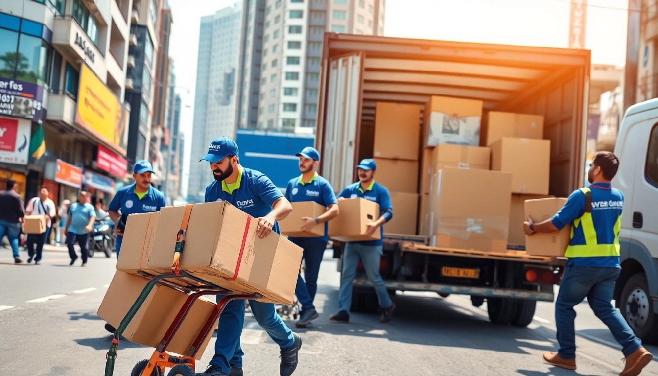 Happy movers and packers in pune loading boxes into a truck in a vibrant city setting.
