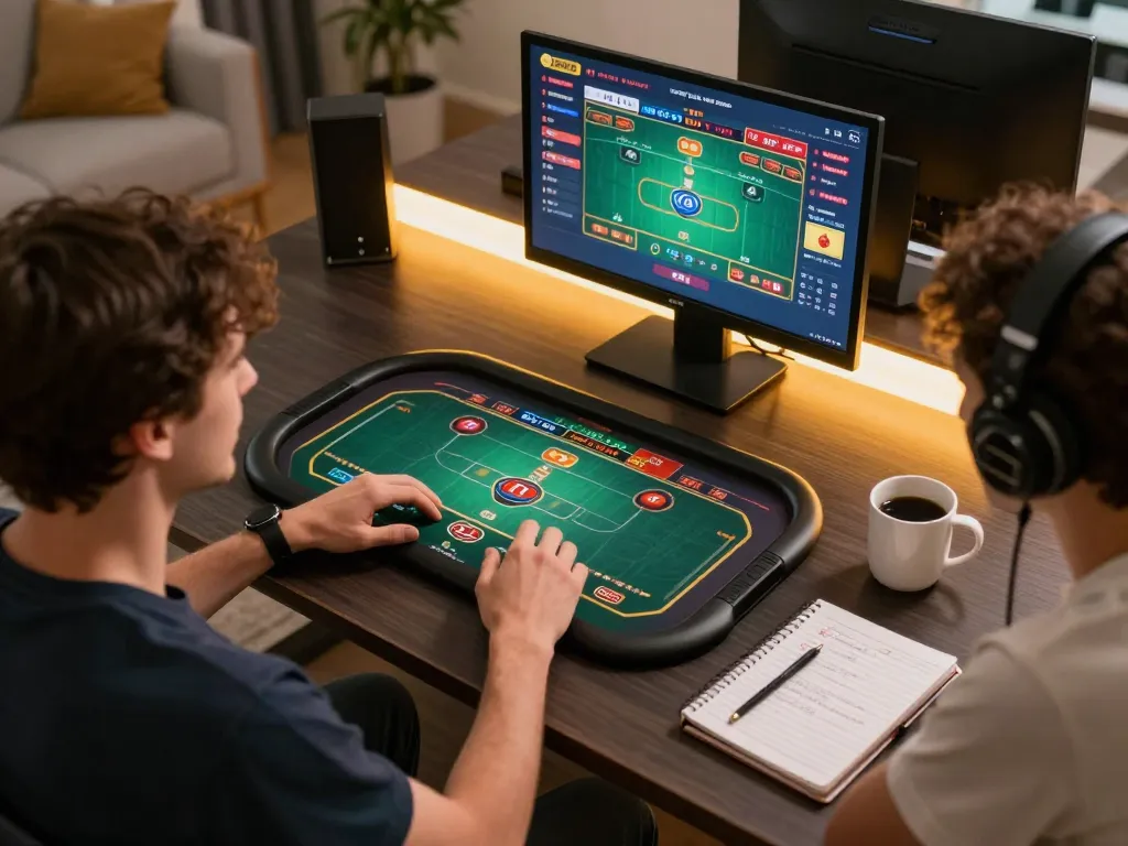 Player enjoying dn88 online casino poker with strategic notes and coffee.