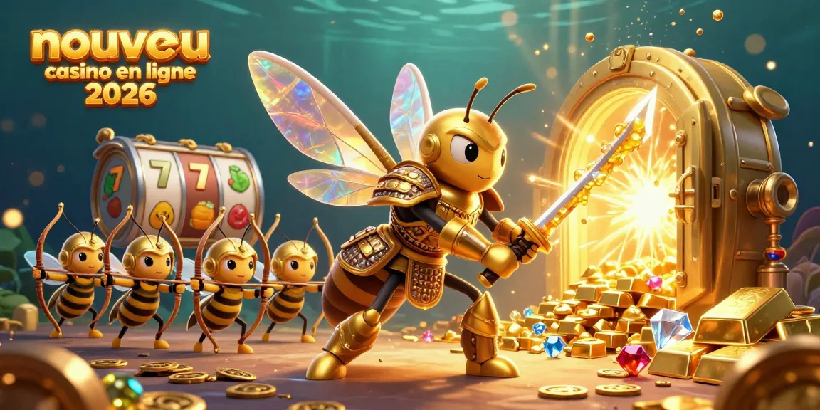 Rejoignez l'aventure des nouveaux casinos en ligne 2026 avec une illustration de hornet géant et de riches trésors.