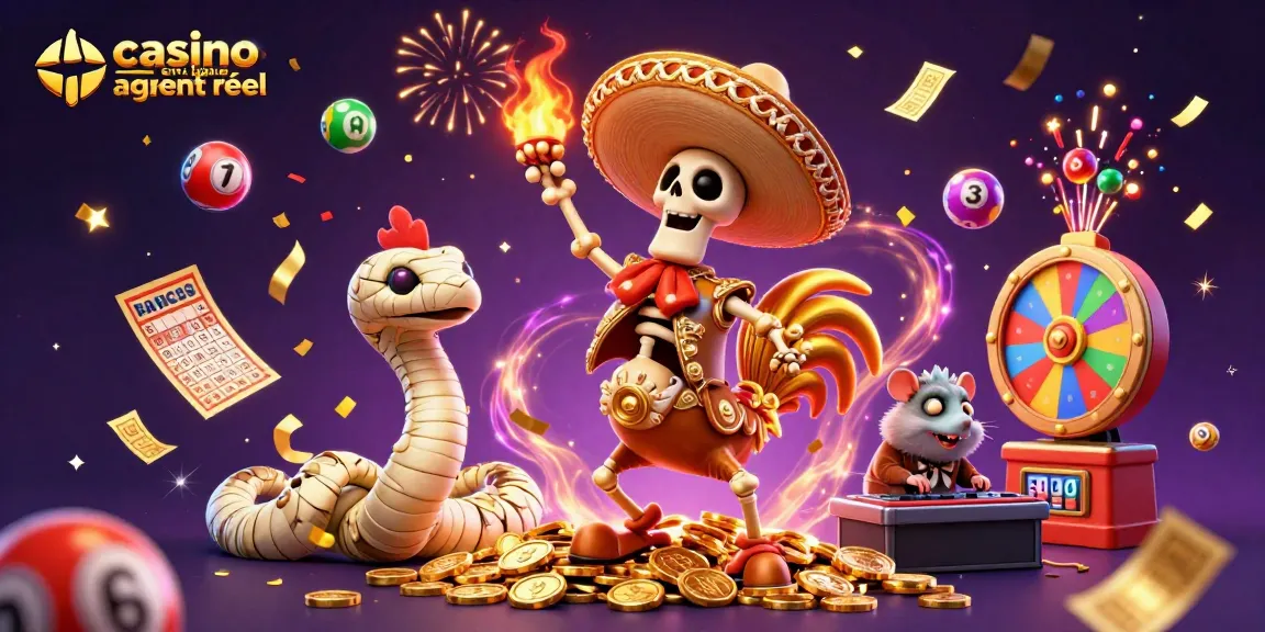 Vivez l'excitation du casino en ligne argent réel avec des personnages festifs entourés de billets d'or et de ballons colorés.