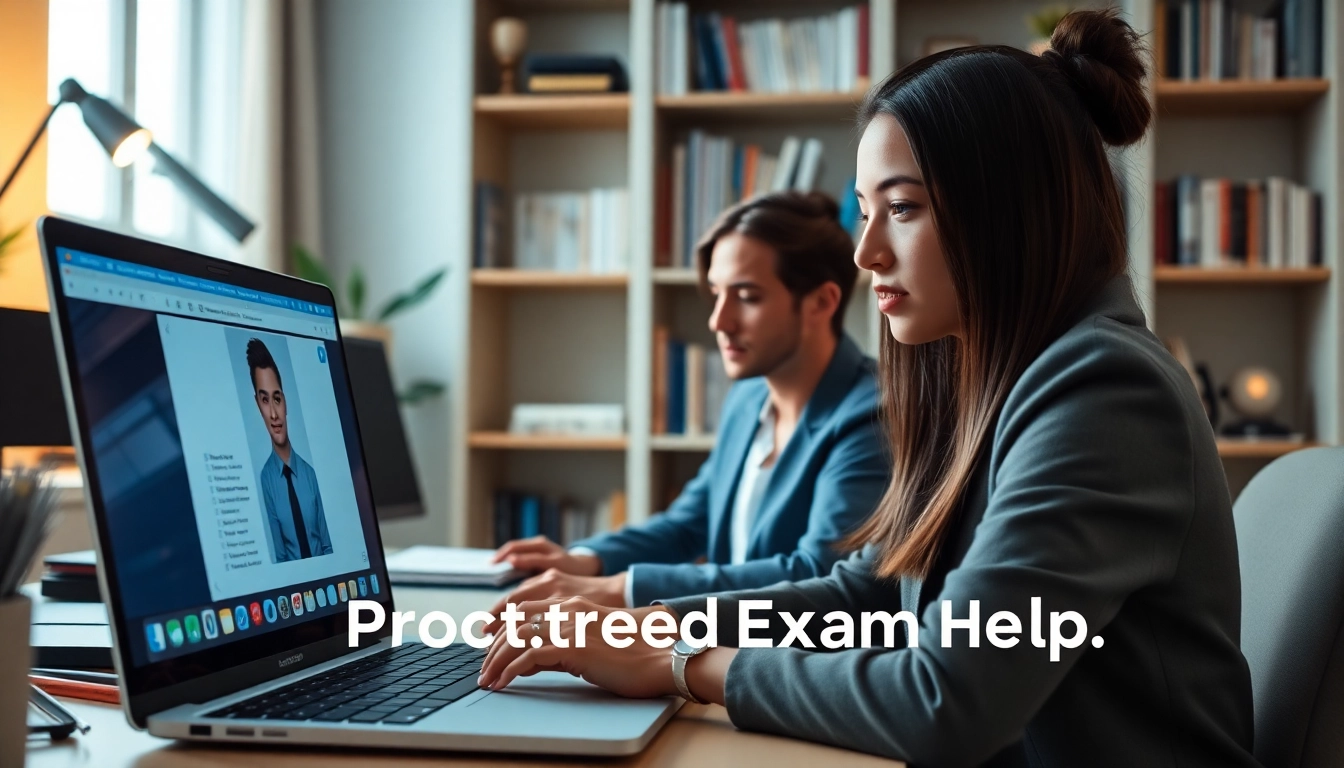 Students utilizing proctored exam help in a modern home office setup during online testing.