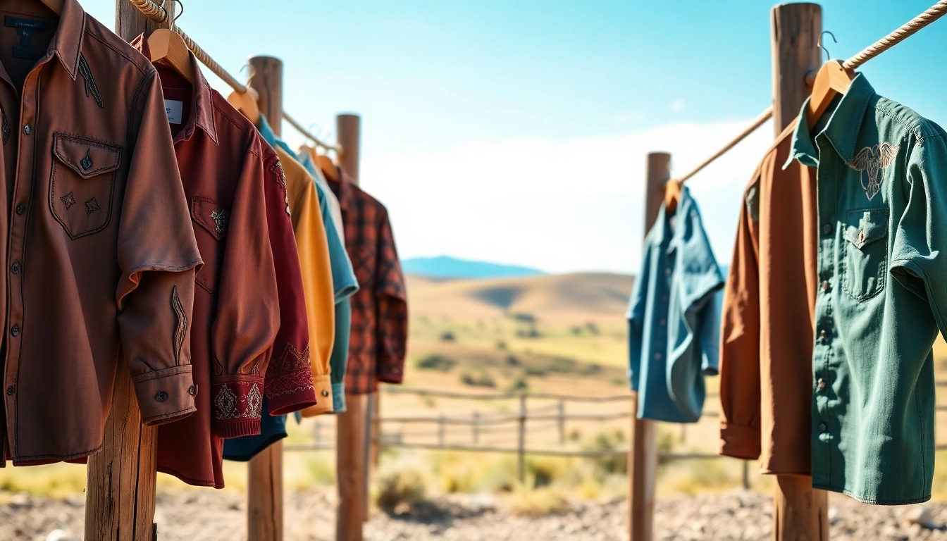 Showcasing stylish cowboy shirts Canada in a rustic ranch environment with vibrant textures.