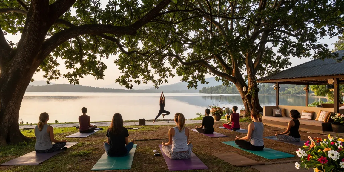 Retreat venue Sri Lanka overlooking Koggala Lake with serene yoga class and nature.