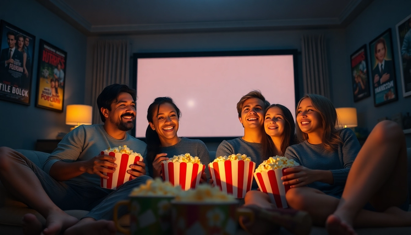 Engage with ดูหนังออนไลน์ through a joyful family movie night at home with popcorn and a cozy setting.