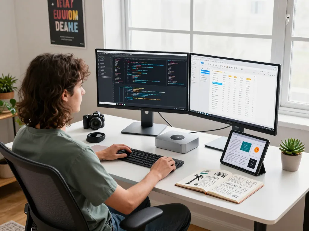 Developer using a Mac mini in a modern home office setup with dual monitors and natural light.