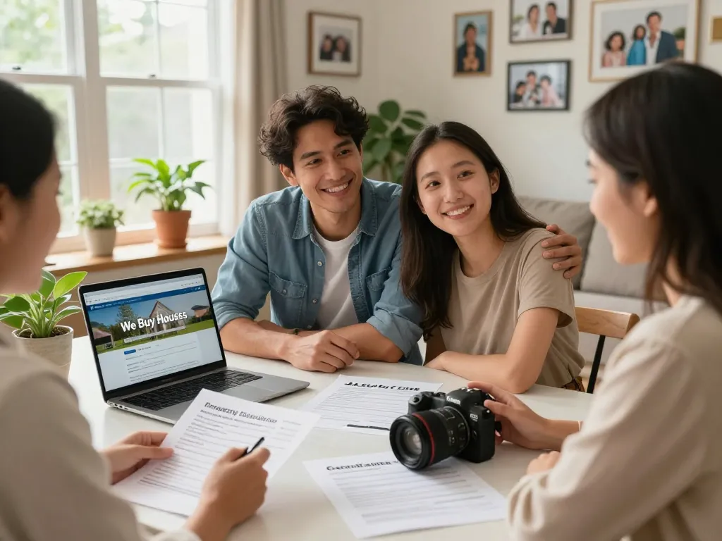 Couple discussing their home selling options with agent, we buy houses theme.