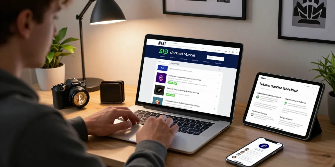 Nexus darknet market link showcased on a laptop in a modern workspace, illuminating user engagement and security.