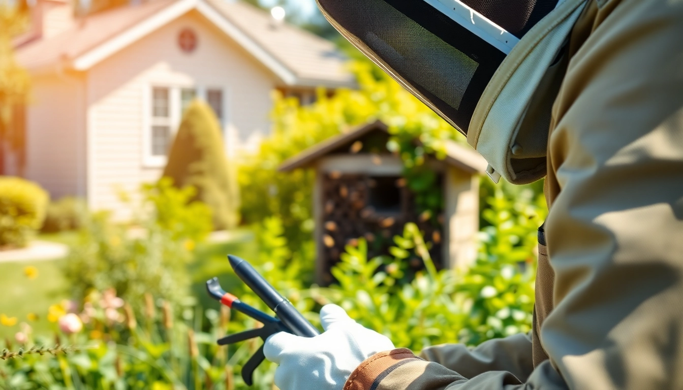 Expert performing bee removal service while assessing a honey bee hive in a suburban garden.