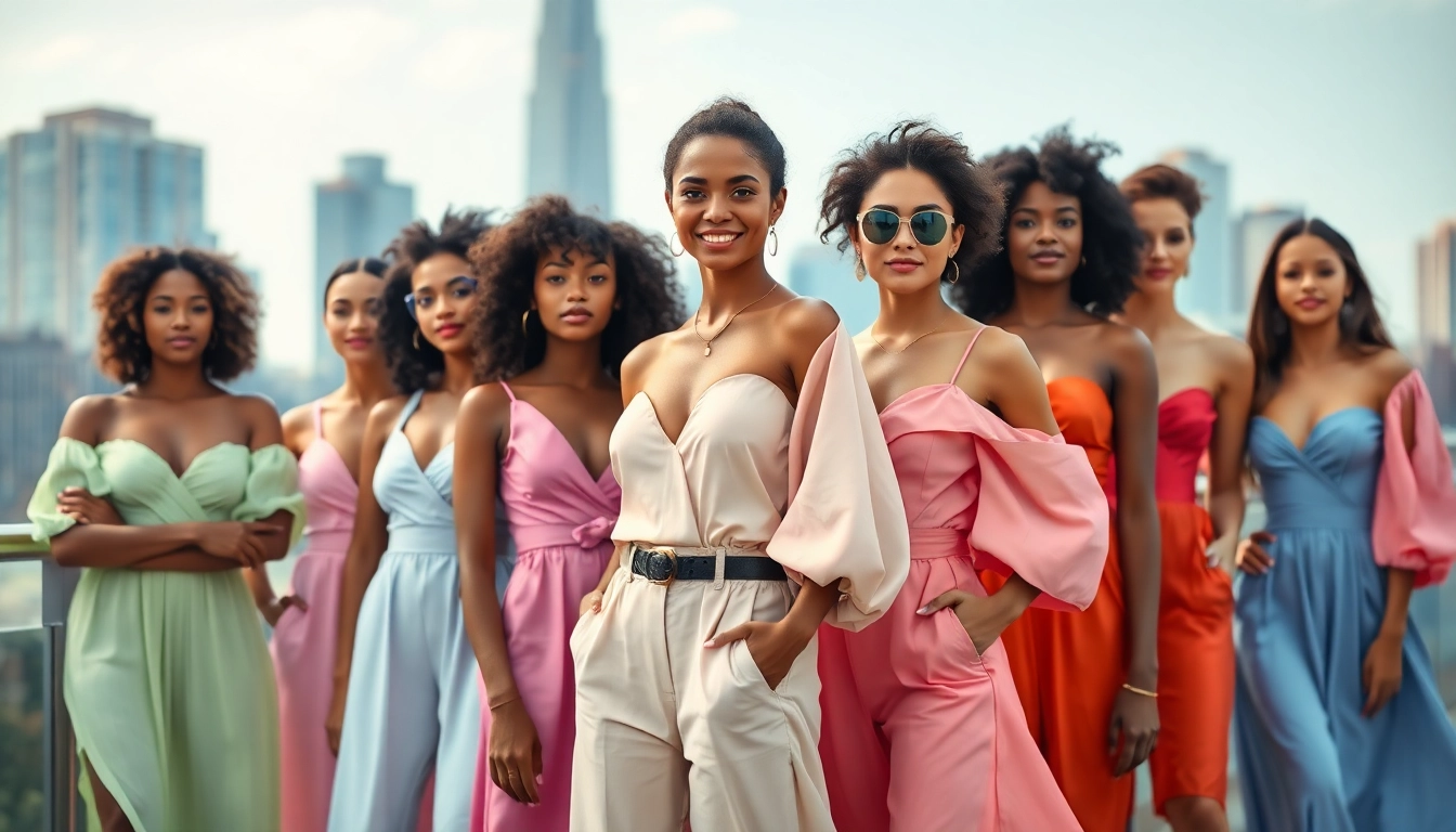 Fashion models display vibrant outfits in a lively urban setting, radiating energy and style.