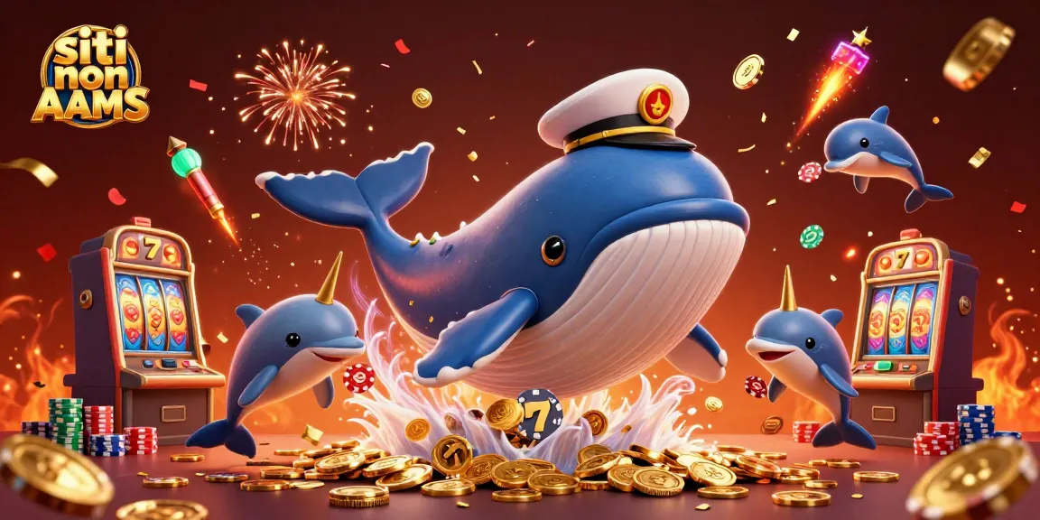 Illustrazione vivace di siti non AAMS con una balena che gioca con le slot e i delfini.