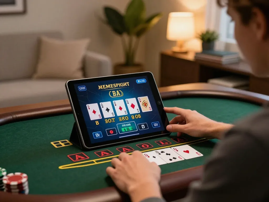 Engaging in live dealer blackjack at home with rr88 on tablet, showcasing strategic gameplay.