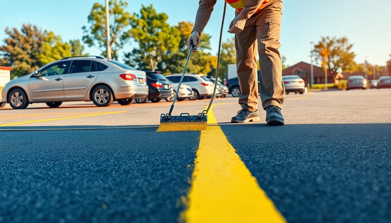 Fire lane striping Jackson MS with vibrant yellow lines being painted in a busy parking lot.