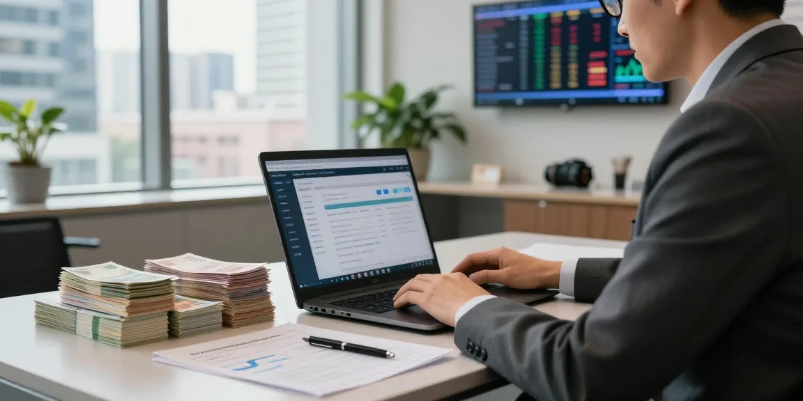 Banker processing a deposit of $5000 in a modern financial institution, showcasing professionalism and trust.