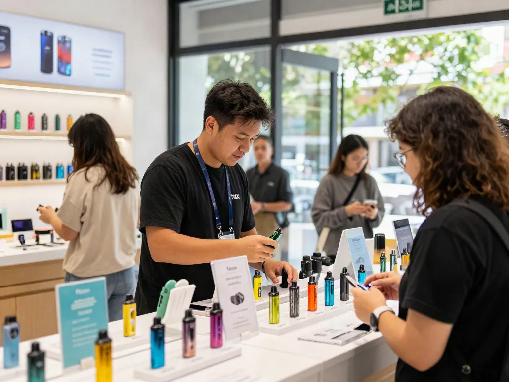 Flum vapes wholesale display in vibrant retail space, showcasing colorful disposable vape options
