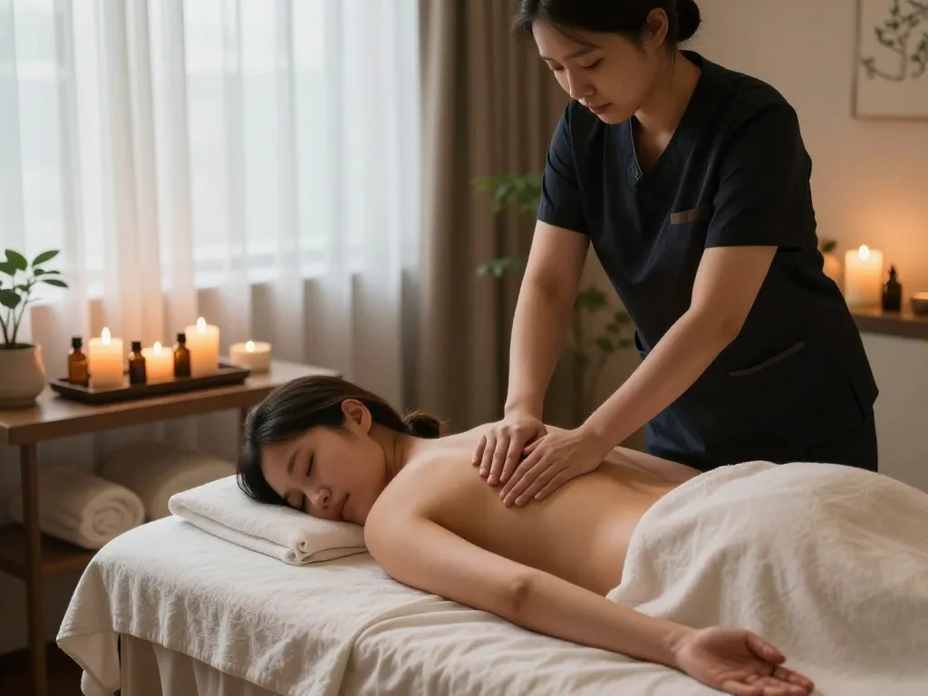 Relaxing Samsung-dong massage scene with skilled therapist and serene atmosphere