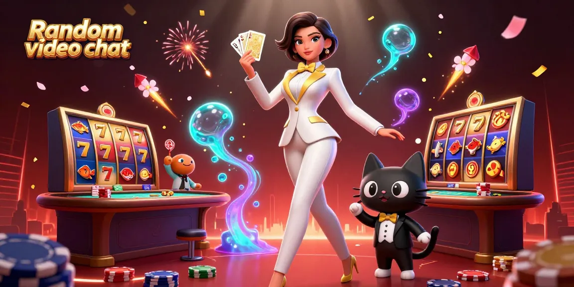 Experience lively random video chat with engaging characters and casino elements in a vibrant scene.