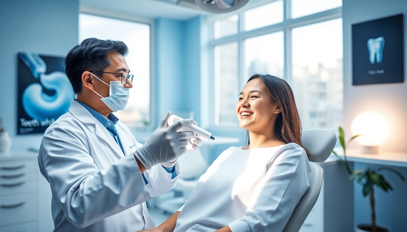 Bright dental clinic scene showcasing teeth whitening Malaysia procedures.