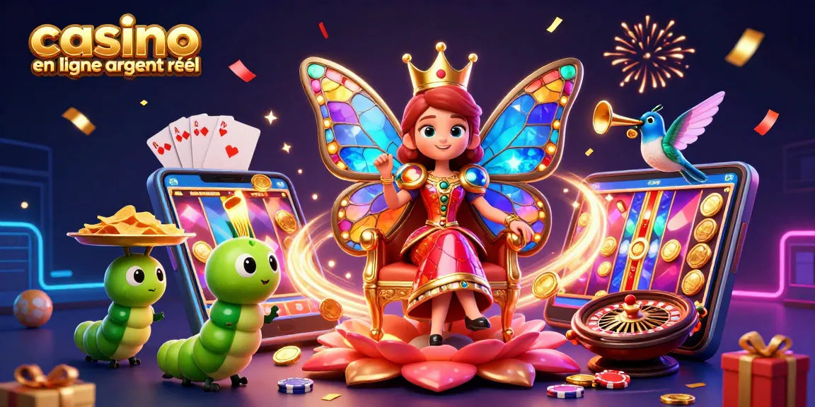 Jouer à casino en ligne argent réel avec une reine papillon et des éléments de jeu colorés.