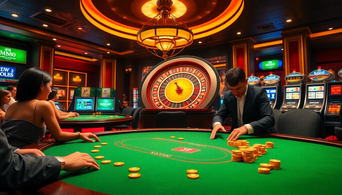 Players enjoying a thrilling game at MM88's luxurious casino table, highlighting excitement and strategy.