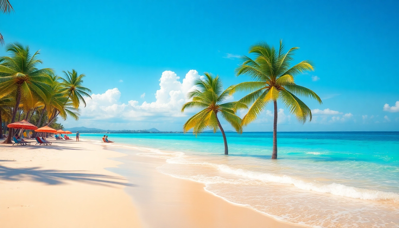 Travel destinations featuring a sunny beach scene with turquoise waters and palm trees.