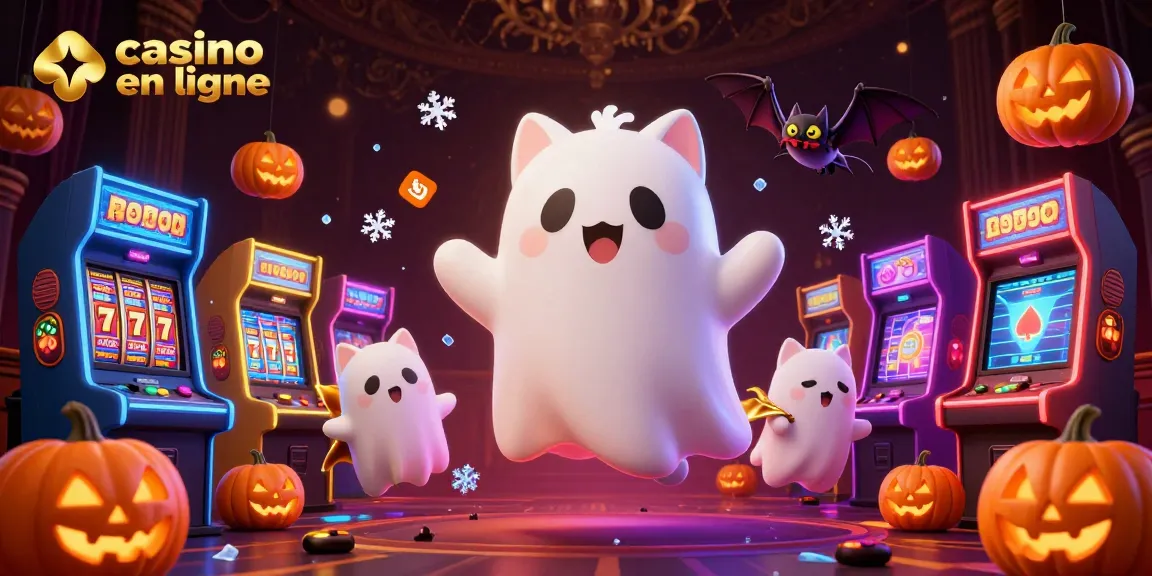 Un adorable chat fantôme dans un casino en ligne, entouré de citrouilles à thèmes de cartes, illustrant l'amusement et l'excitation des jeux de casino.