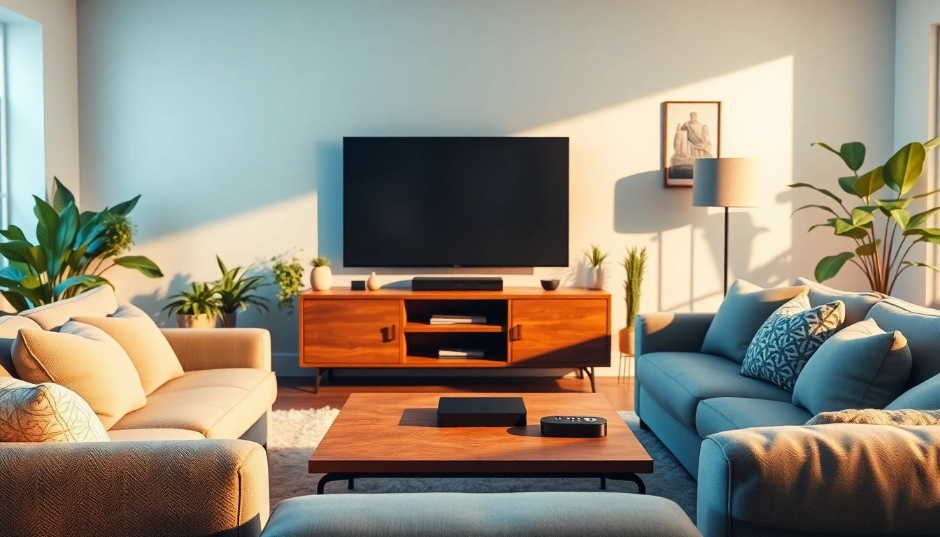 Enjoy streaming TV in a cozy living room with smart technology and inviting decor.