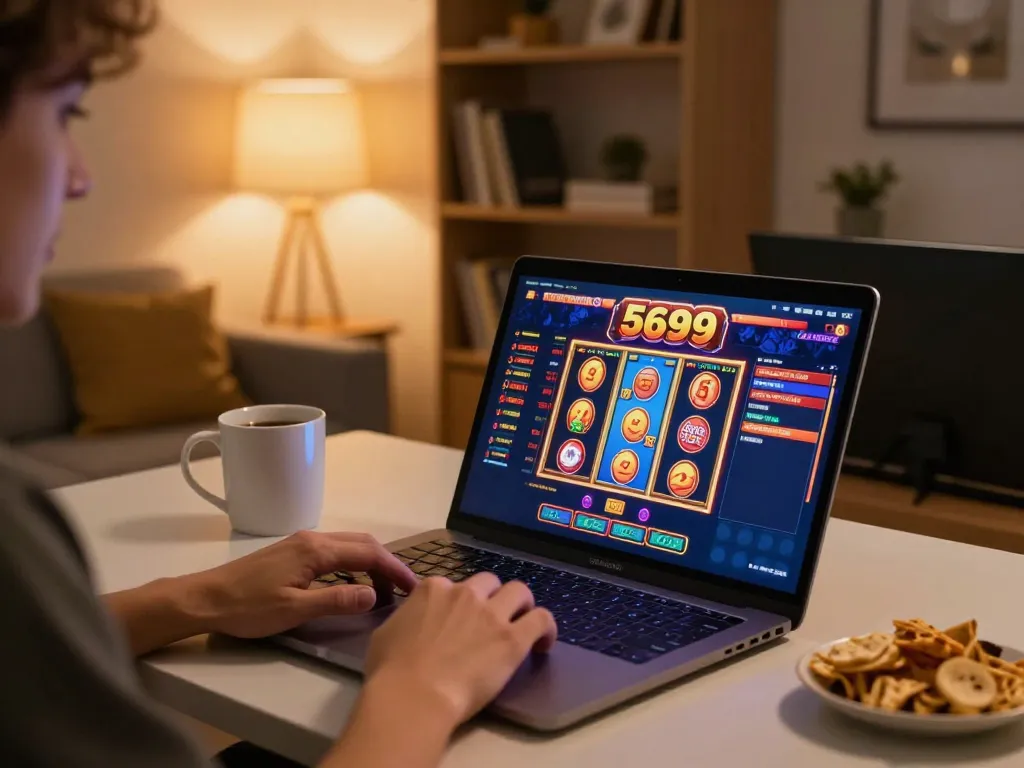 Engaging gameplay at nhà cái 5699 while enjoying snacks in a cozy home setup.