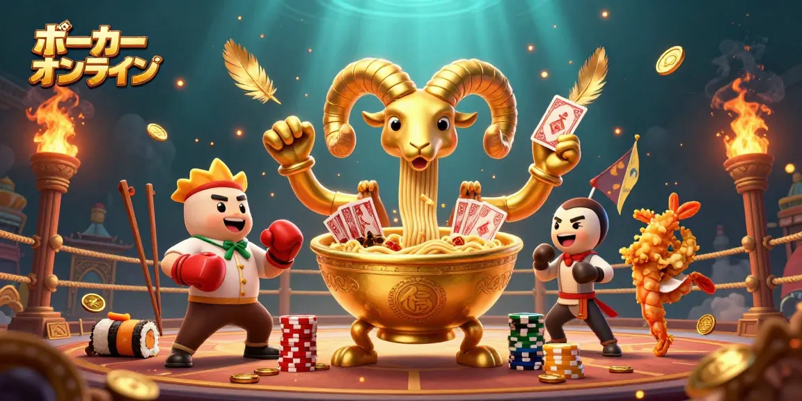 ポーカー オンラインの魅力を伝える、黄金のラーメンボウルがカードを配る3Dイラスト。