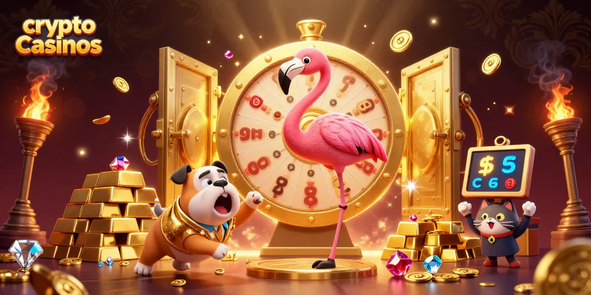 Illustration dynamique représentant des crypto casinos avec un flamant rose en hôte, un bulldog et un chat assistants.