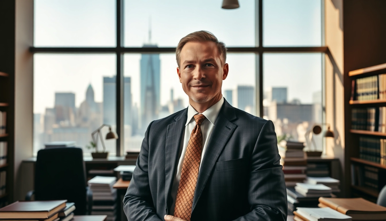 New York City Personal Injury Lawyer confidently assists clients in a modern office setting.