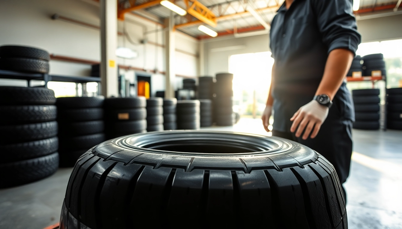 Inspecting used tires Nashville with a professional mechanic in a bright workshop.
