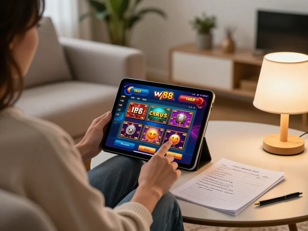 w 88 player engaging in online casino game on tablet with strategy notes nearby