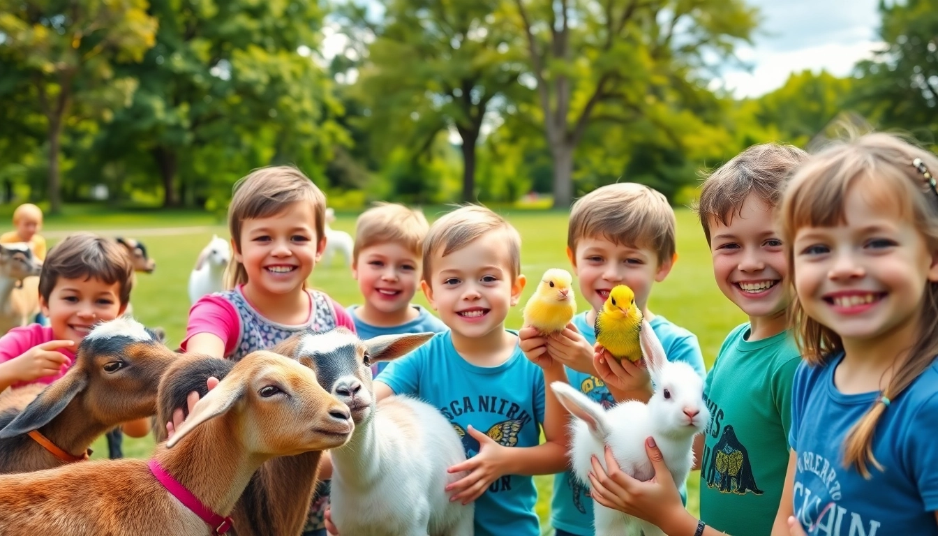 Children interacting joyfully with animals at an animal camp in Illinois.