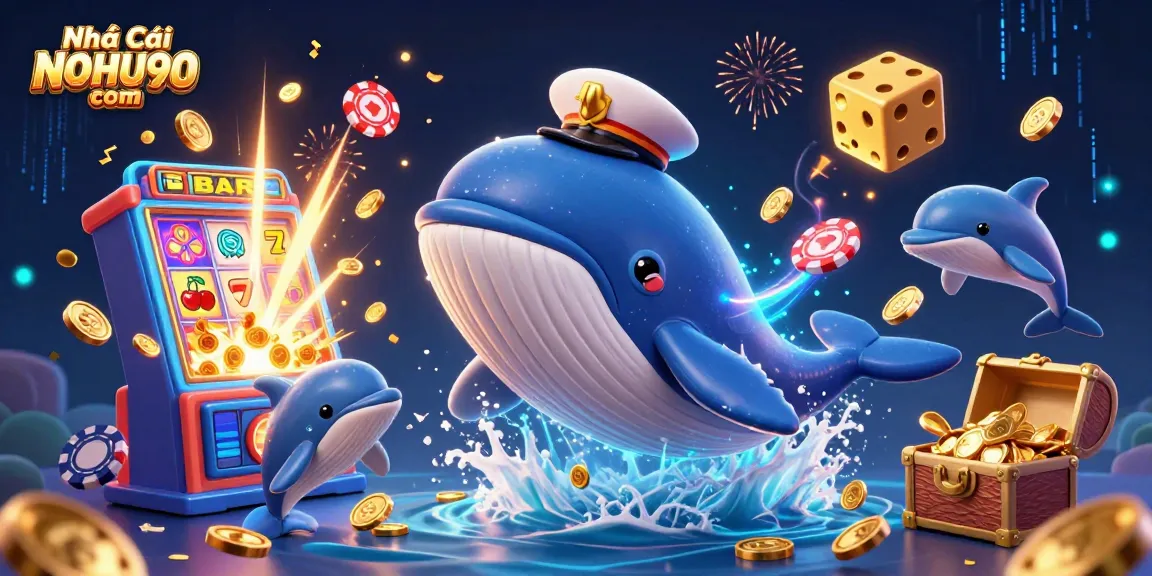 Experience thrilling slot action at Nhà Cái NOHU90 com with a vibrant 3D casino scene featuring a whale and playful dolphins.
