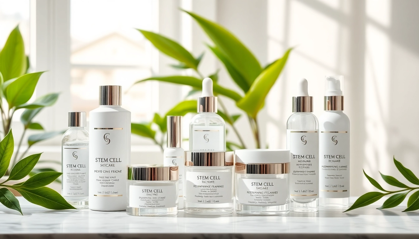 Promote stem cell skincare bottles elegantly arranged to highlight their rejuvenating properties.