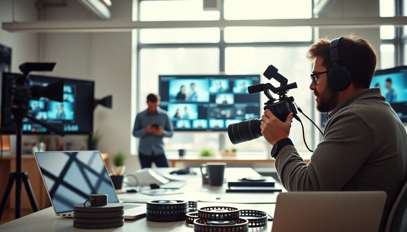 Capture the essence of corporate video production Calgary with a professional team collaborating in a creative environment.
