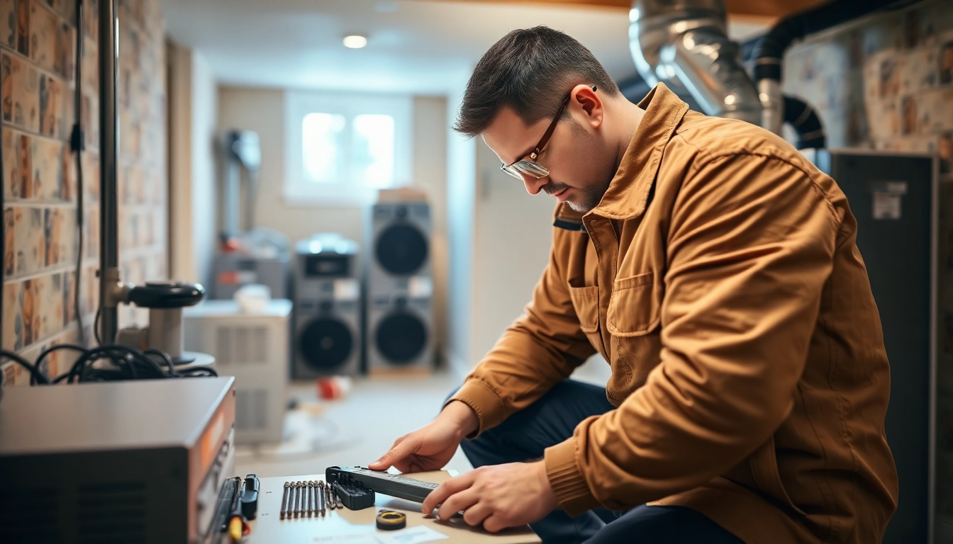 Skilled technician performing furnace repair lewisboro in a well-lit home setting.