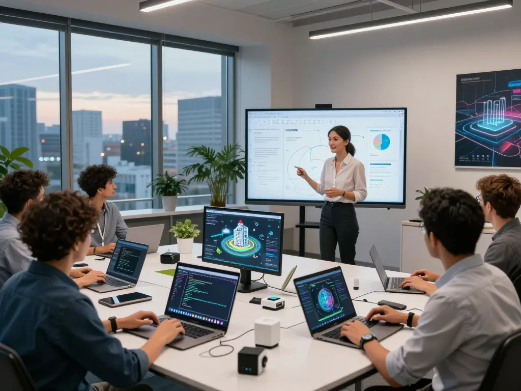 Engineers collaborating on smart city solutions at Siemens' innovative tech workspace.