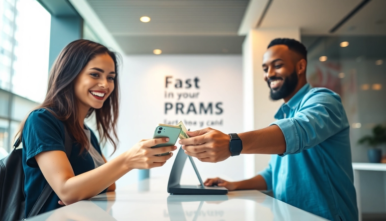 Handing over a smartphone for fast phone cash in a bright, engaging setting.
