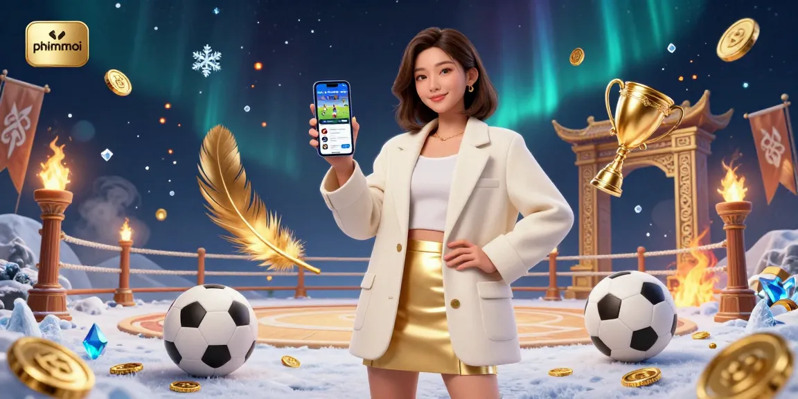Engage with phimmoi through a vibrant sports betting scene featuring a beautiful Asian woman showcasing a mobile app.
