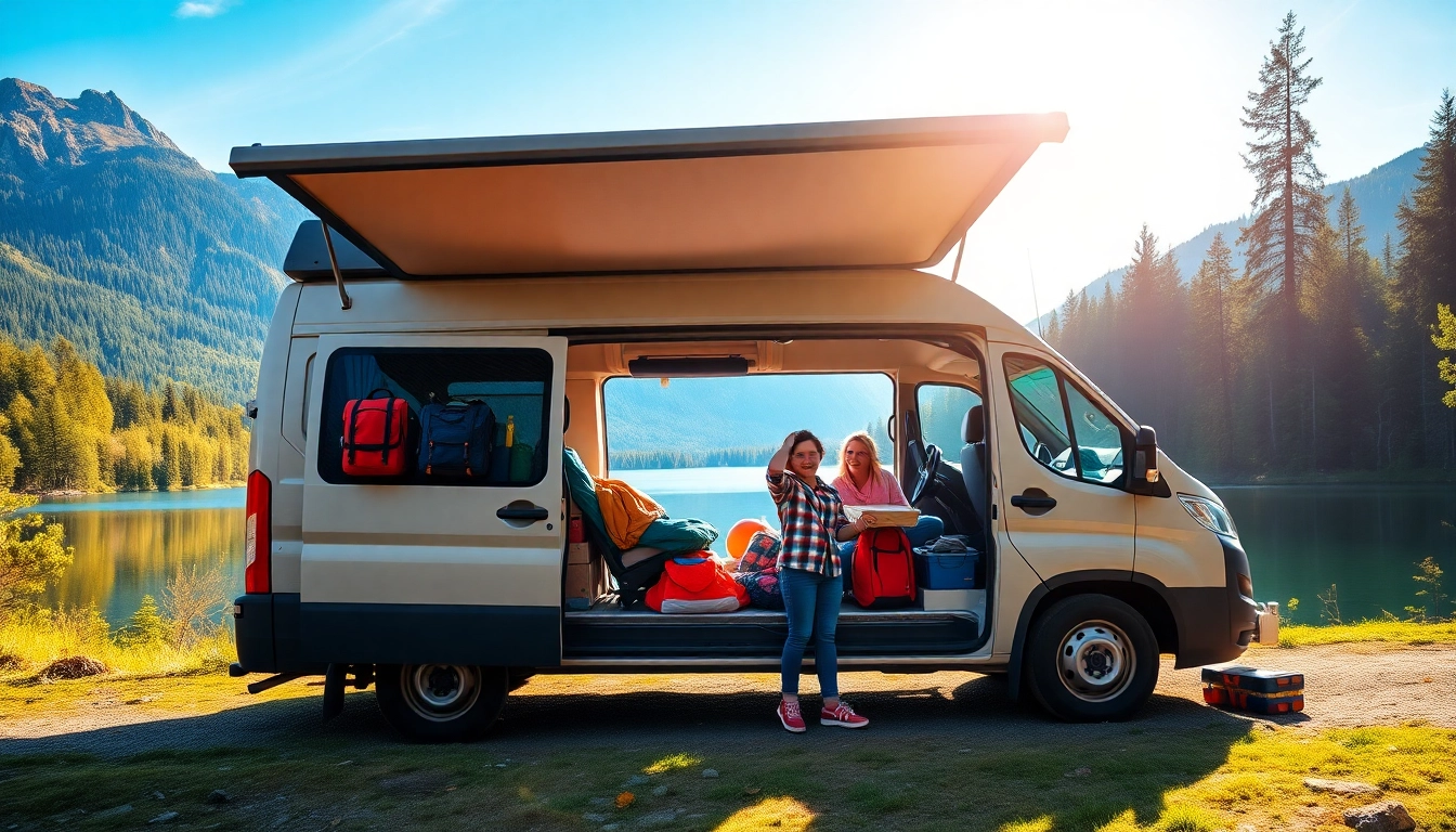 Family enjoying travel preparation at https://fernweh-abenteuer.de while packing a camper van by a lake